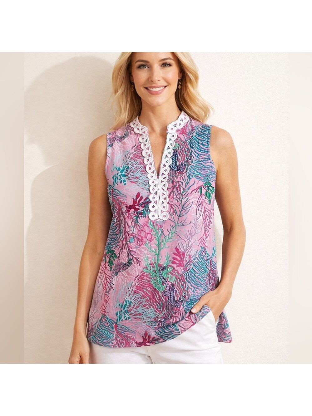 Pappagallo Pink Tropical Sleeveless Top White Trim Coral Print sz S Resort Beach